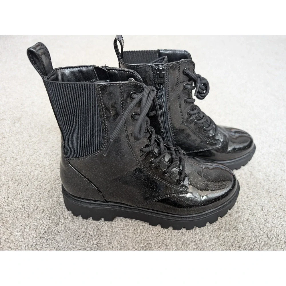 Art Class 093120161 Combat Boots Kids 5 Faux Leather Black Glitter Lug Sole